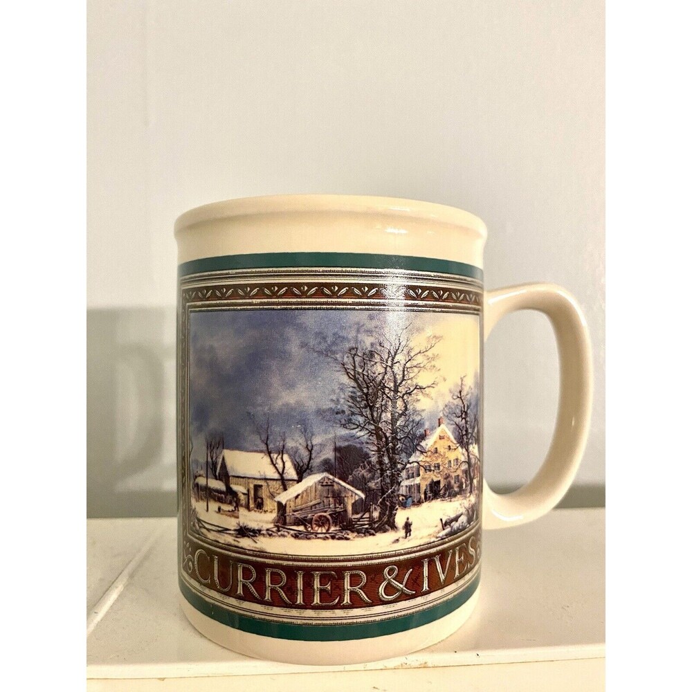 Currier & Ives Coffee Mug Winter House Village Snow Scene 1992 10 oz Capacity